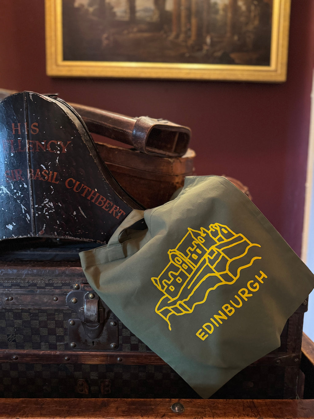 Edinburgh Castle Cotton Tote Bag-Olive Green and Yellow