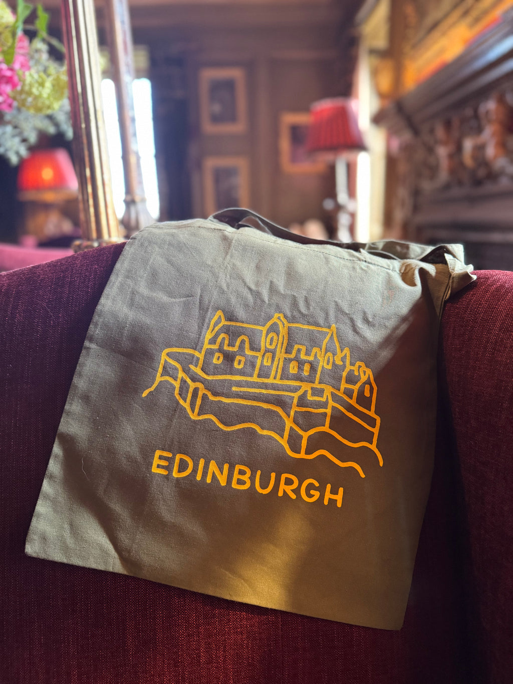 Edinburgh Castle Cotton Tote Bag-Olive Green and Yellow