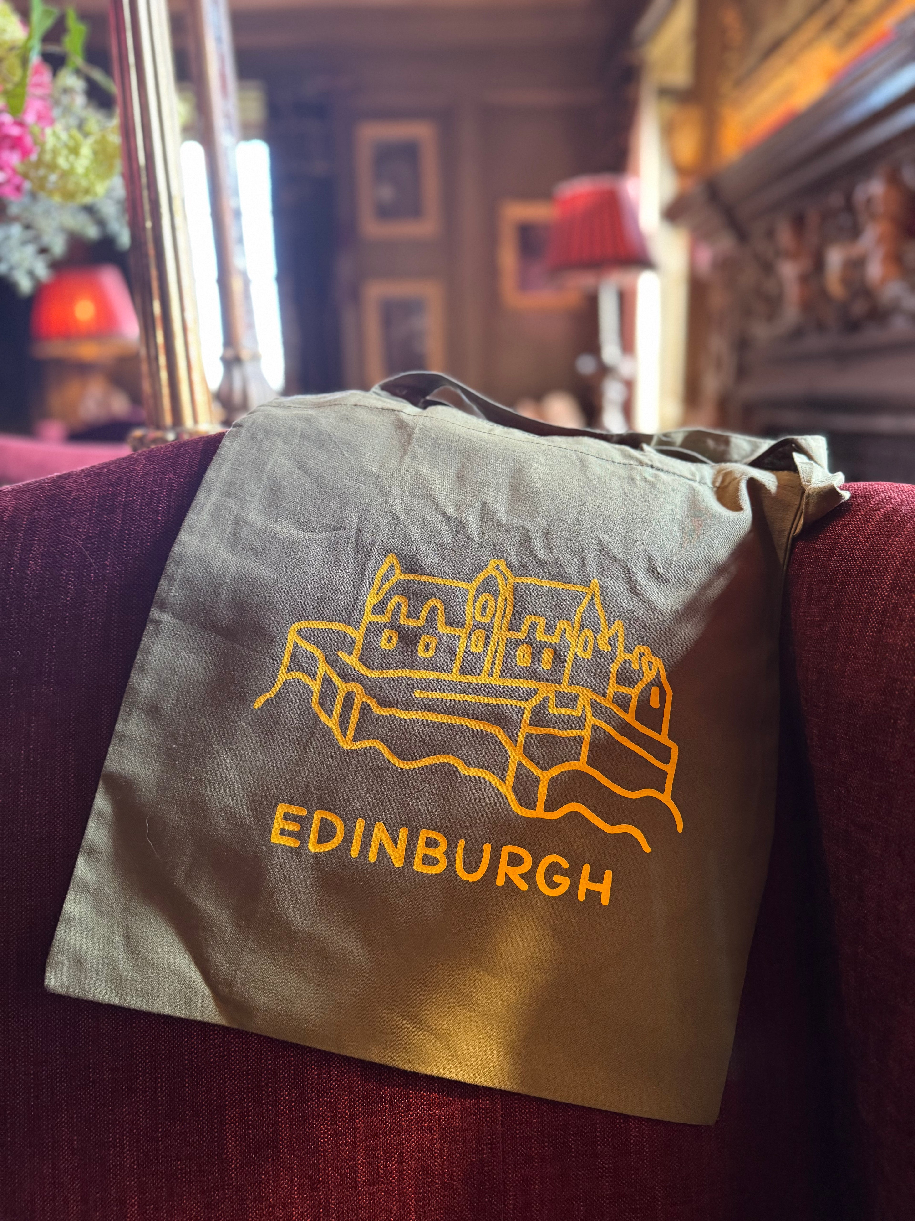 Edinburgh Castle Cotton Tote Bag-Olive Green and Yellow