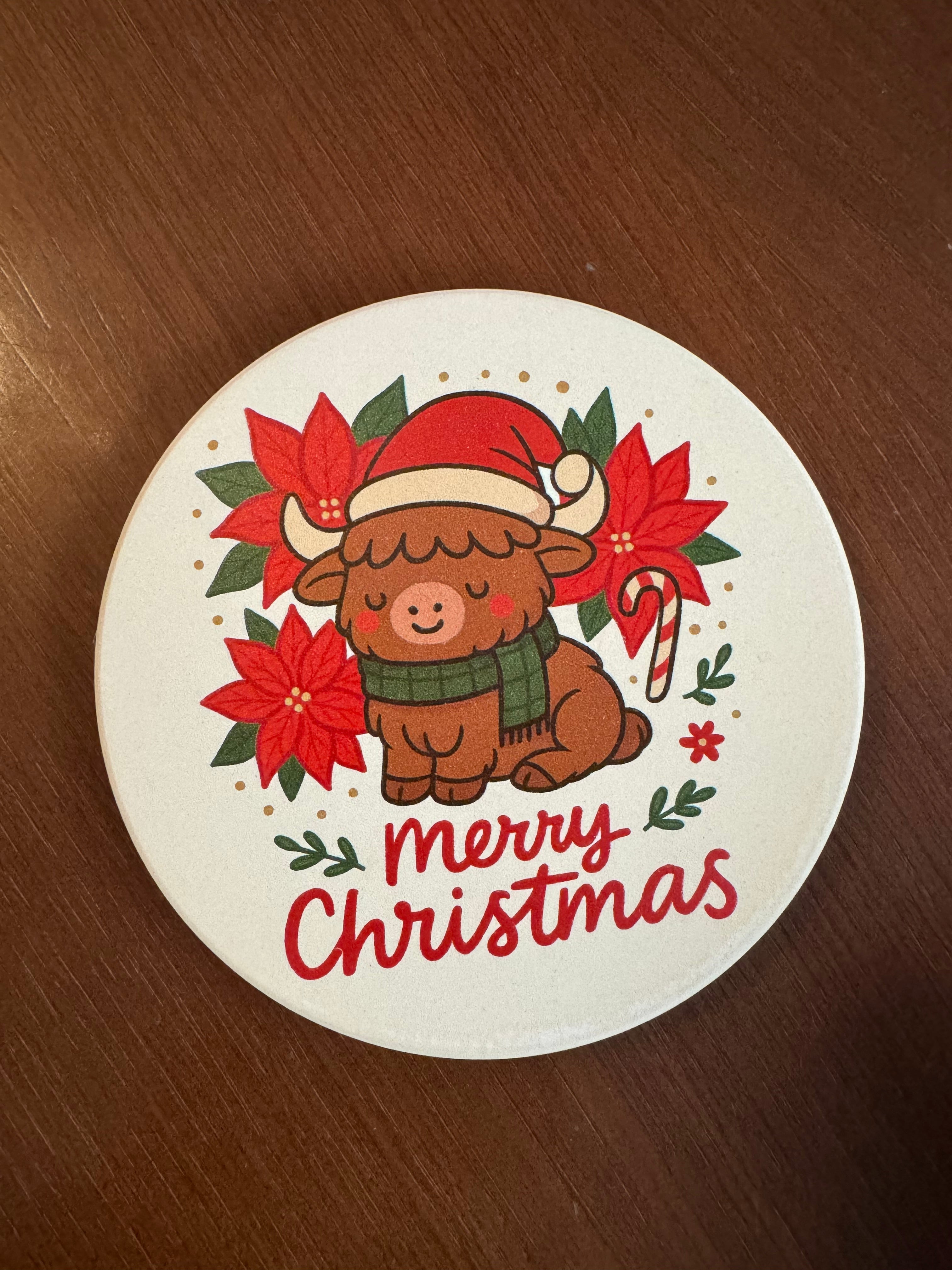 Merry Christmas Highland Cow Ceramic Coaster