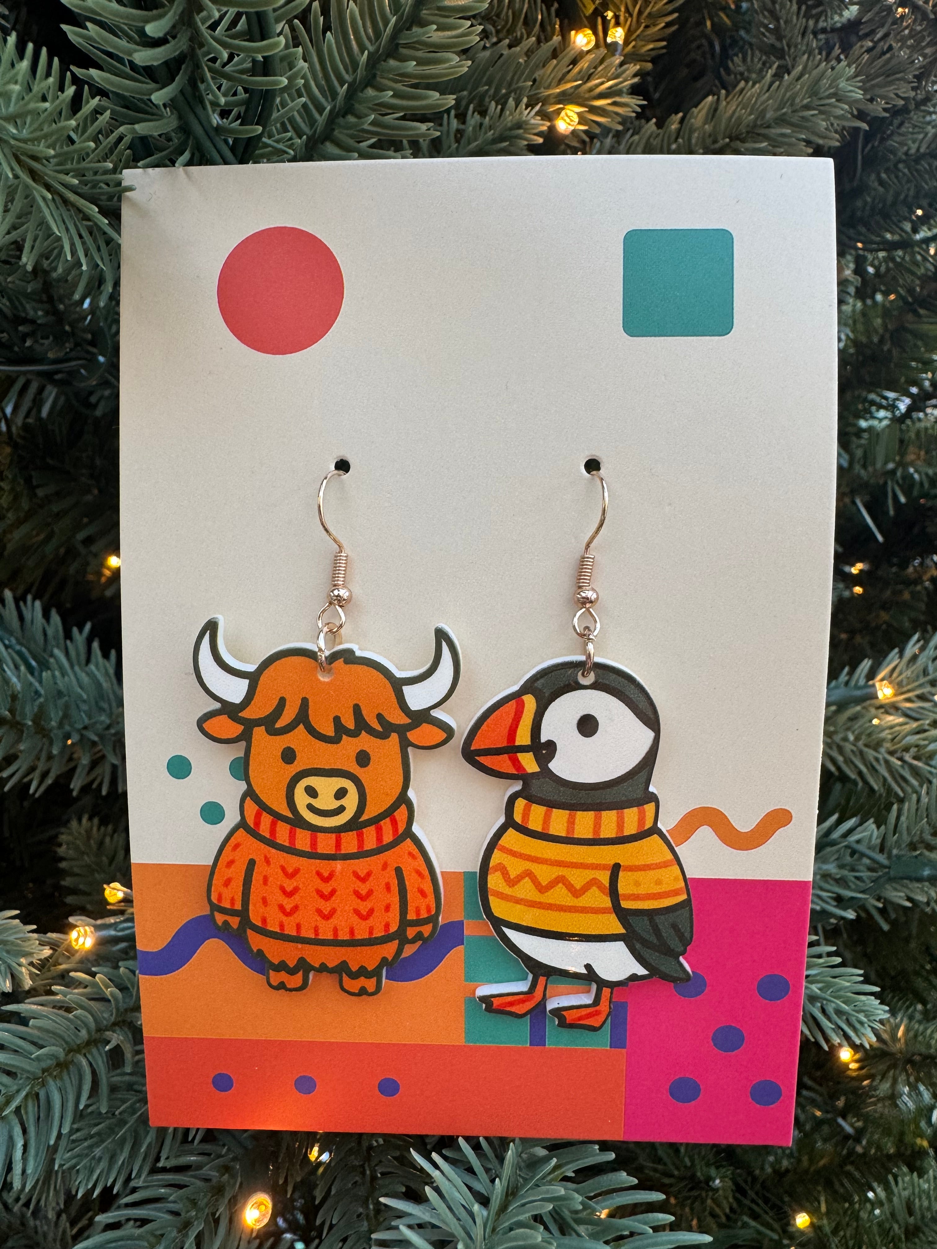 Highland Cow & Puffin Mismatched Earrings