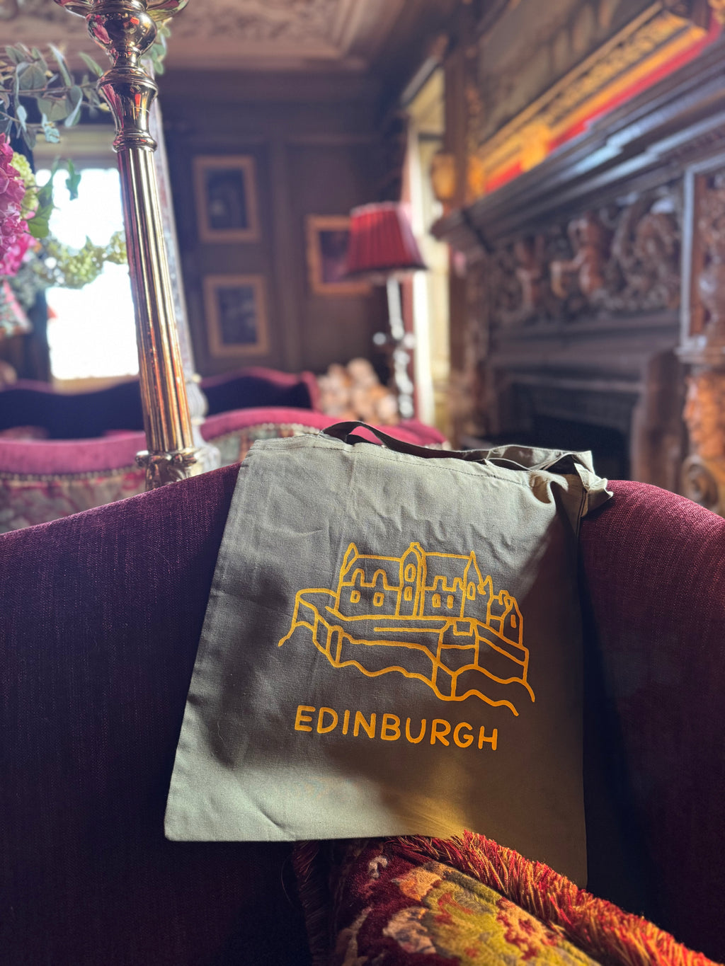 Edinburgh Castle Cotton Tote Bag-Olive Green and Yellow