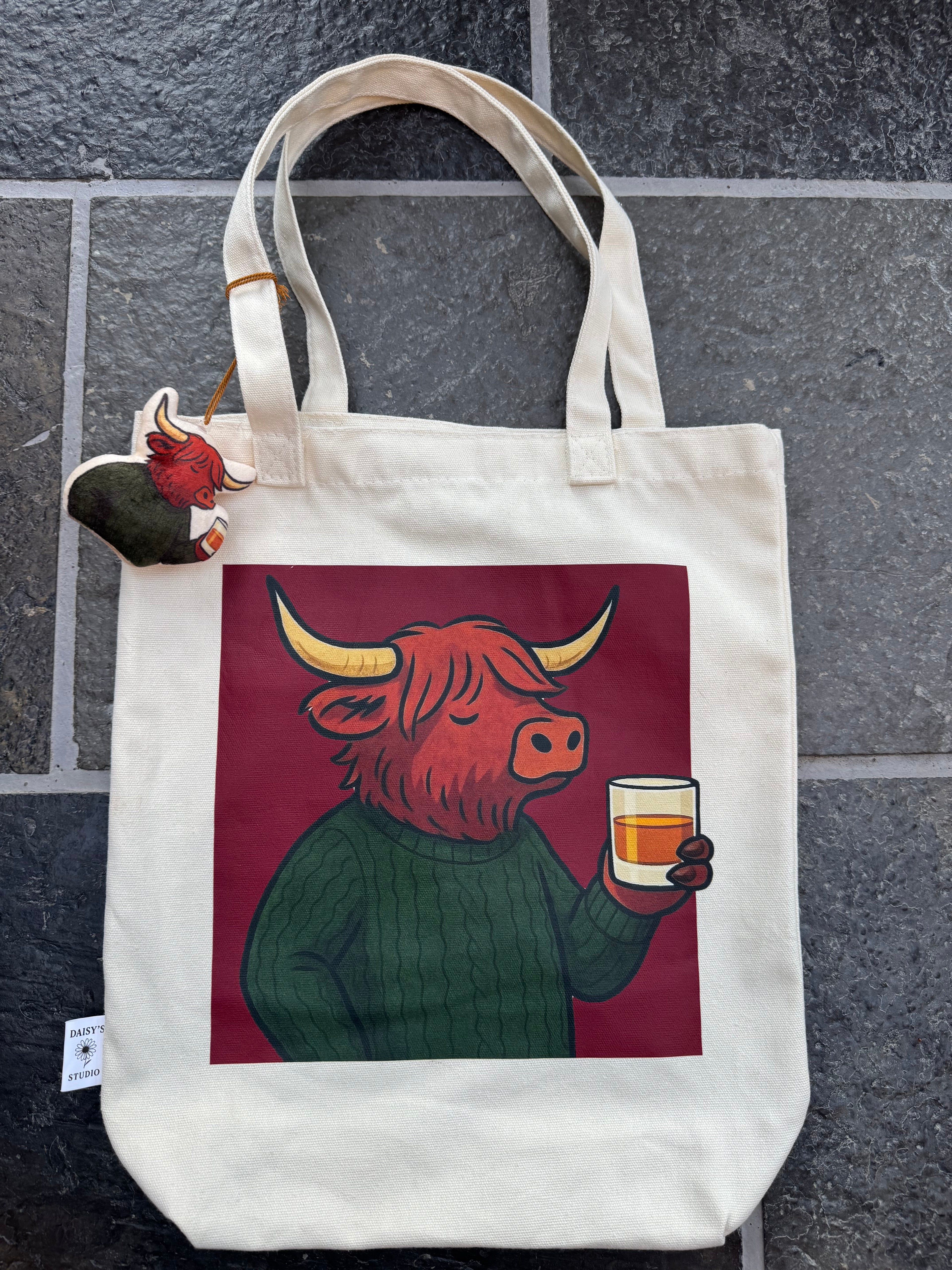 Scottish Highland Cow Canvas Tote Bag with Fluffy Cow Charm – Whisky Lover Edition