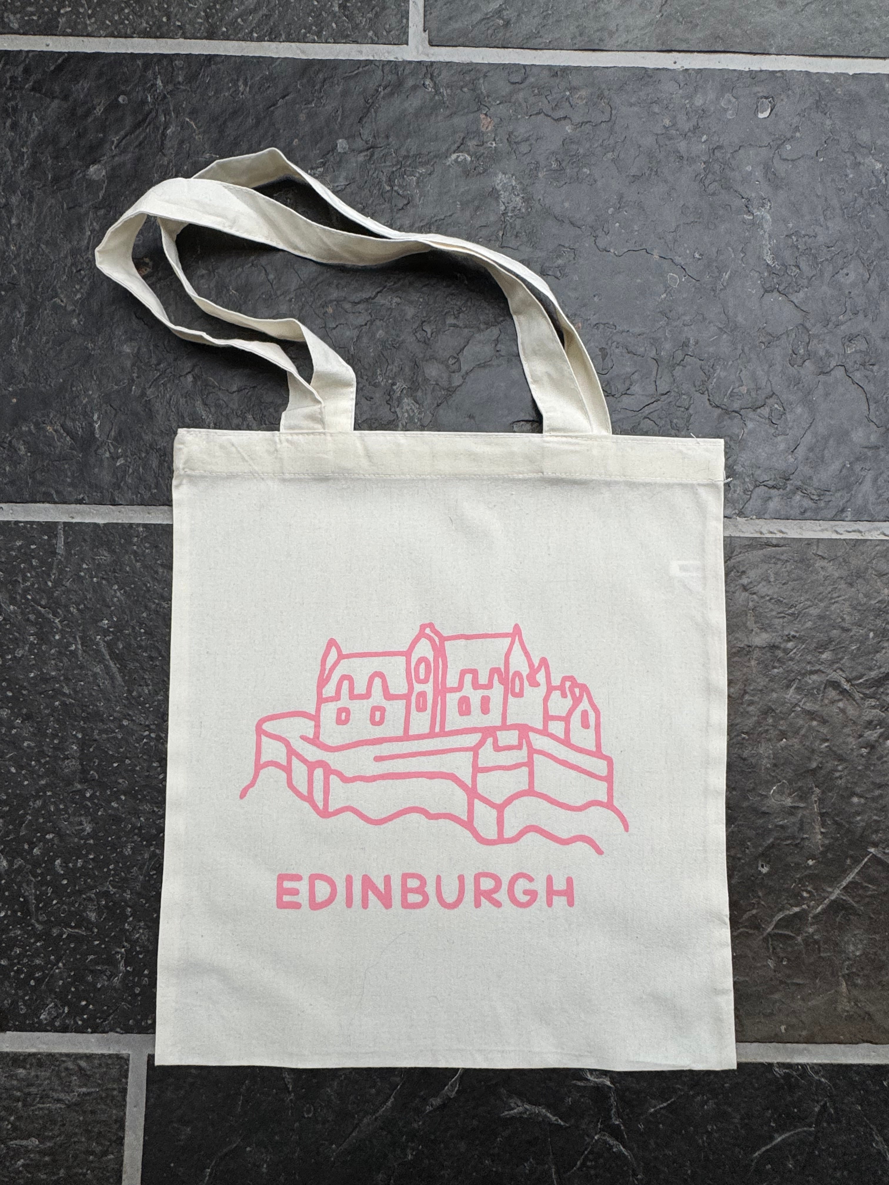 Edinburgh Castle Cotton Tote Bag-White and Baby Pink