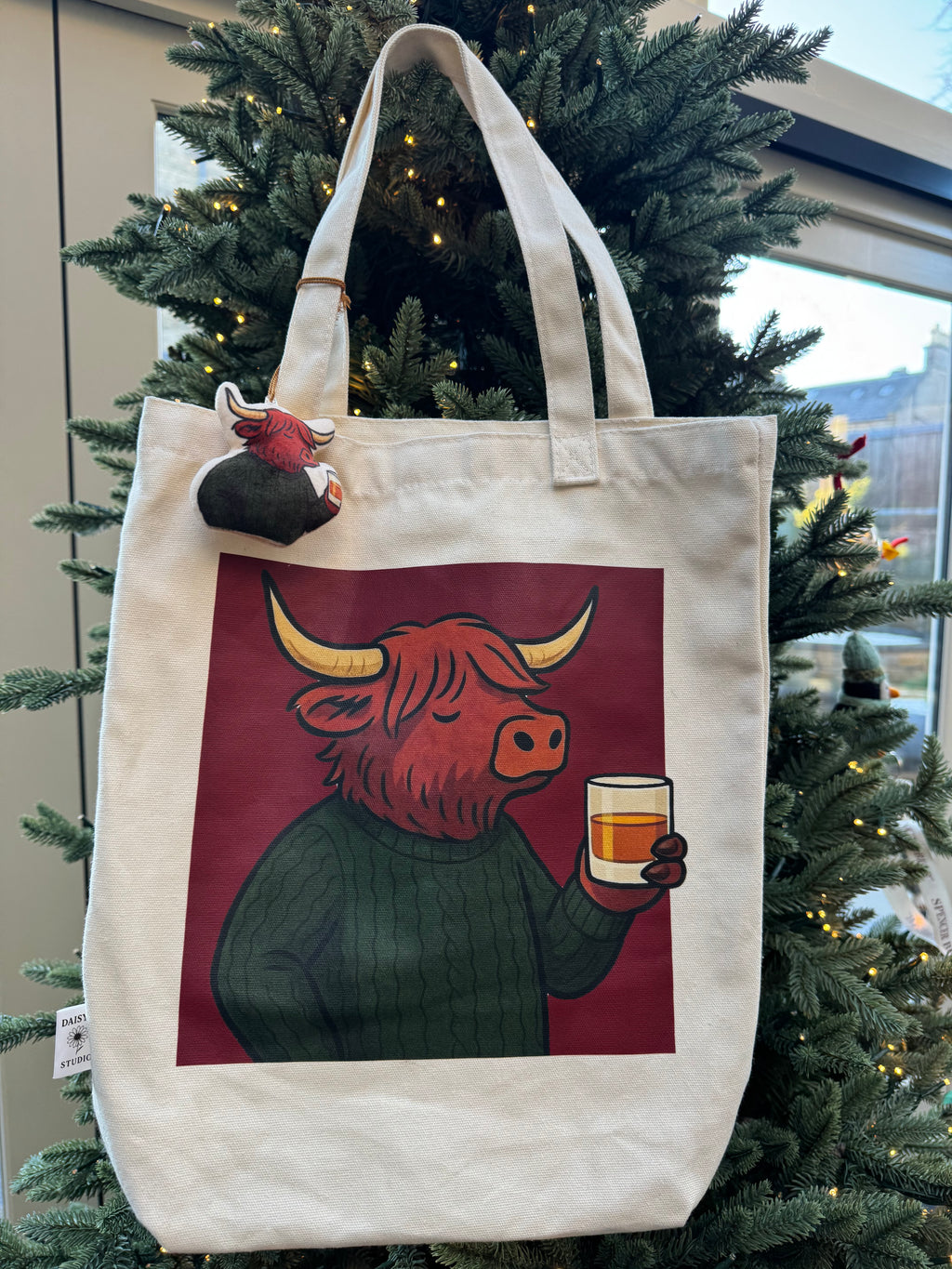 Scottish Highland Cow Canvas Tote Bag with Fluffy Cow Charm – Whisky Lover Edition