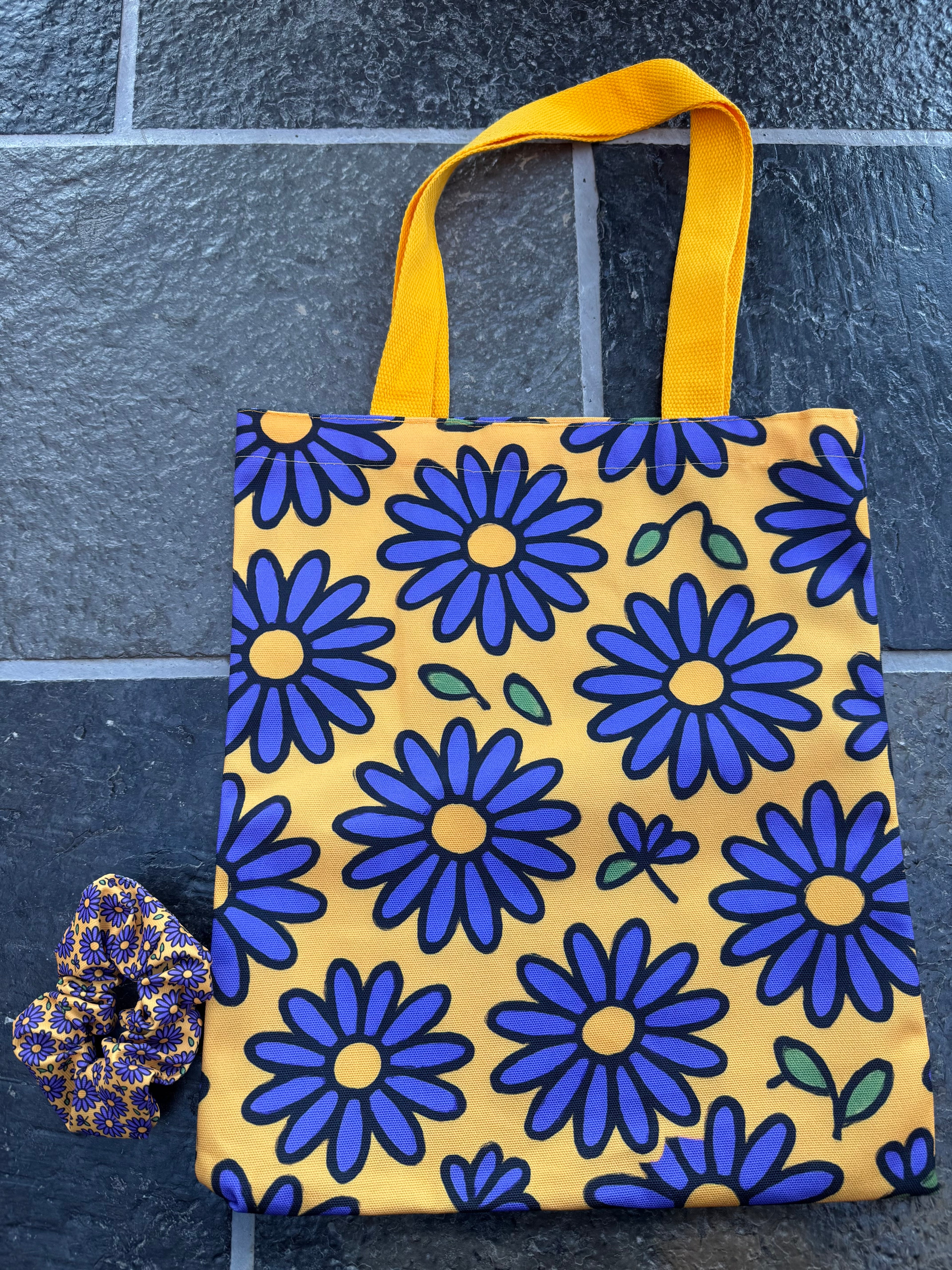 Yellow Daisy Canvas Tote Bag – Bright & Playful Floral Design Matching Scrunchie Available