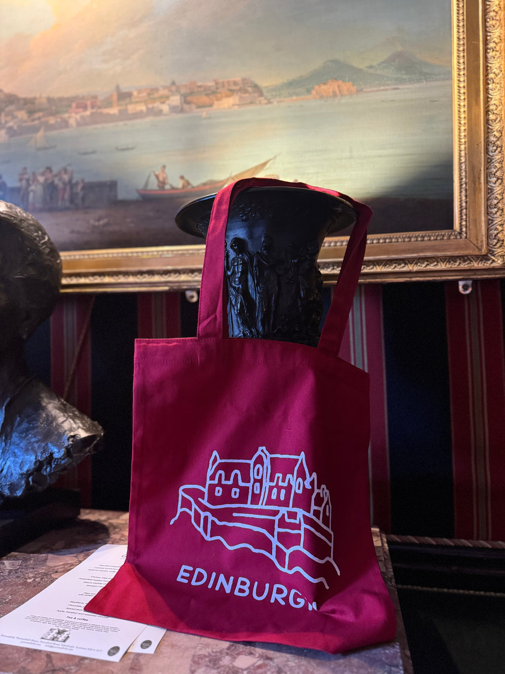 Edinburgh Castle Cotton Tote Bag-Burgundy