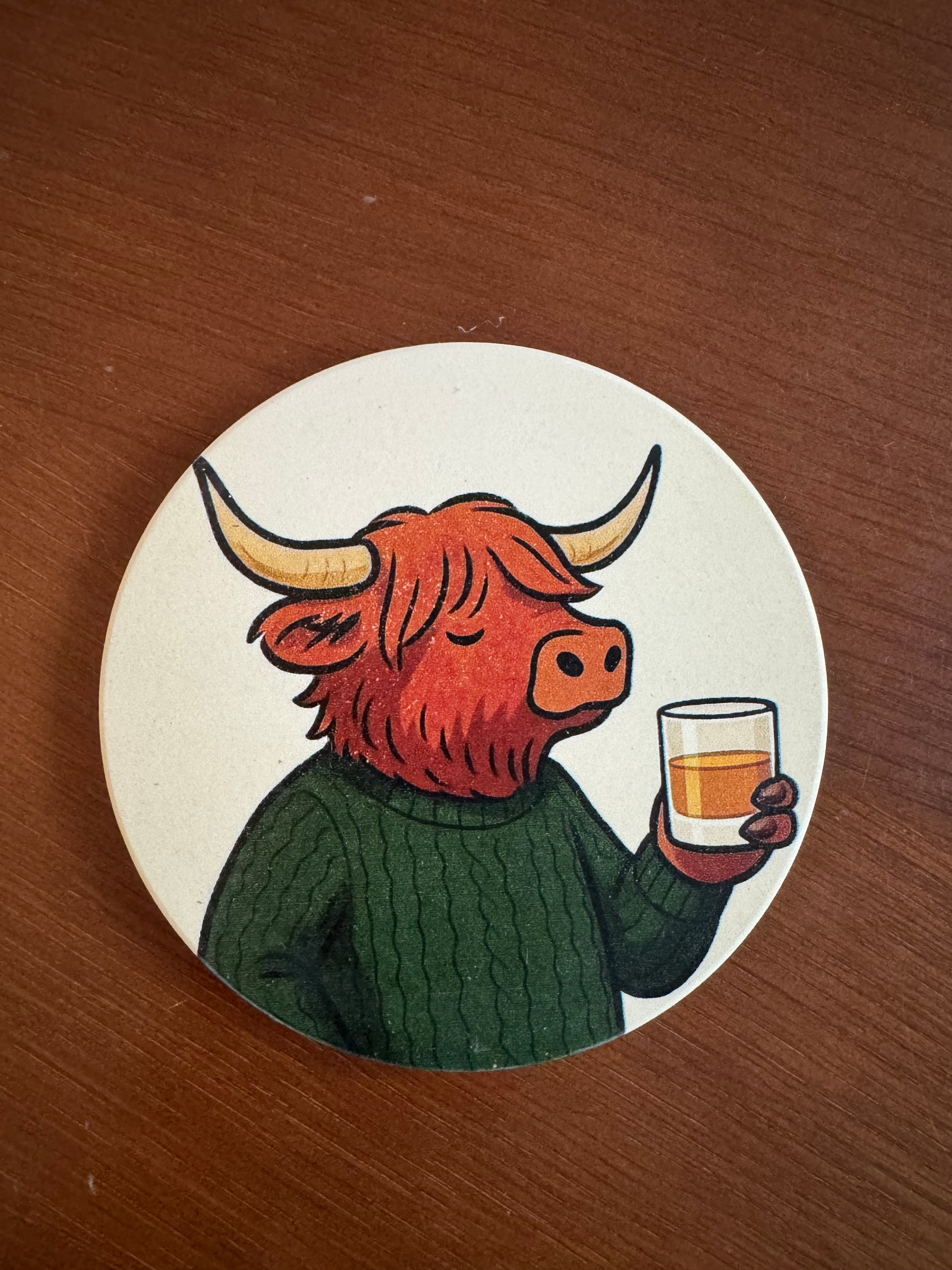Highland Cow Drinking Whiskey Ceramic Coaster