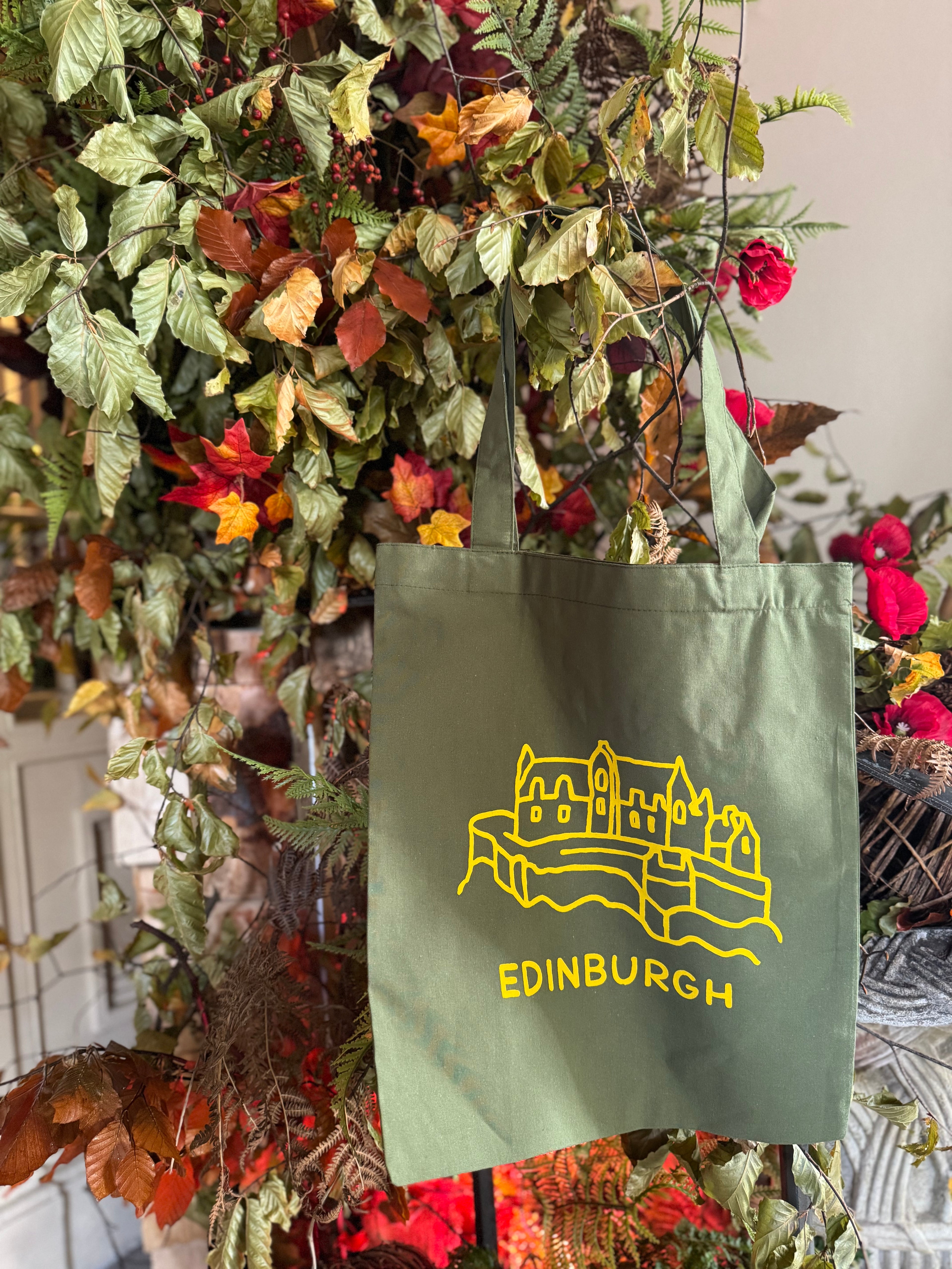Edinburgh Castle Cotton Tote Bag-Olive Green and Yellow
