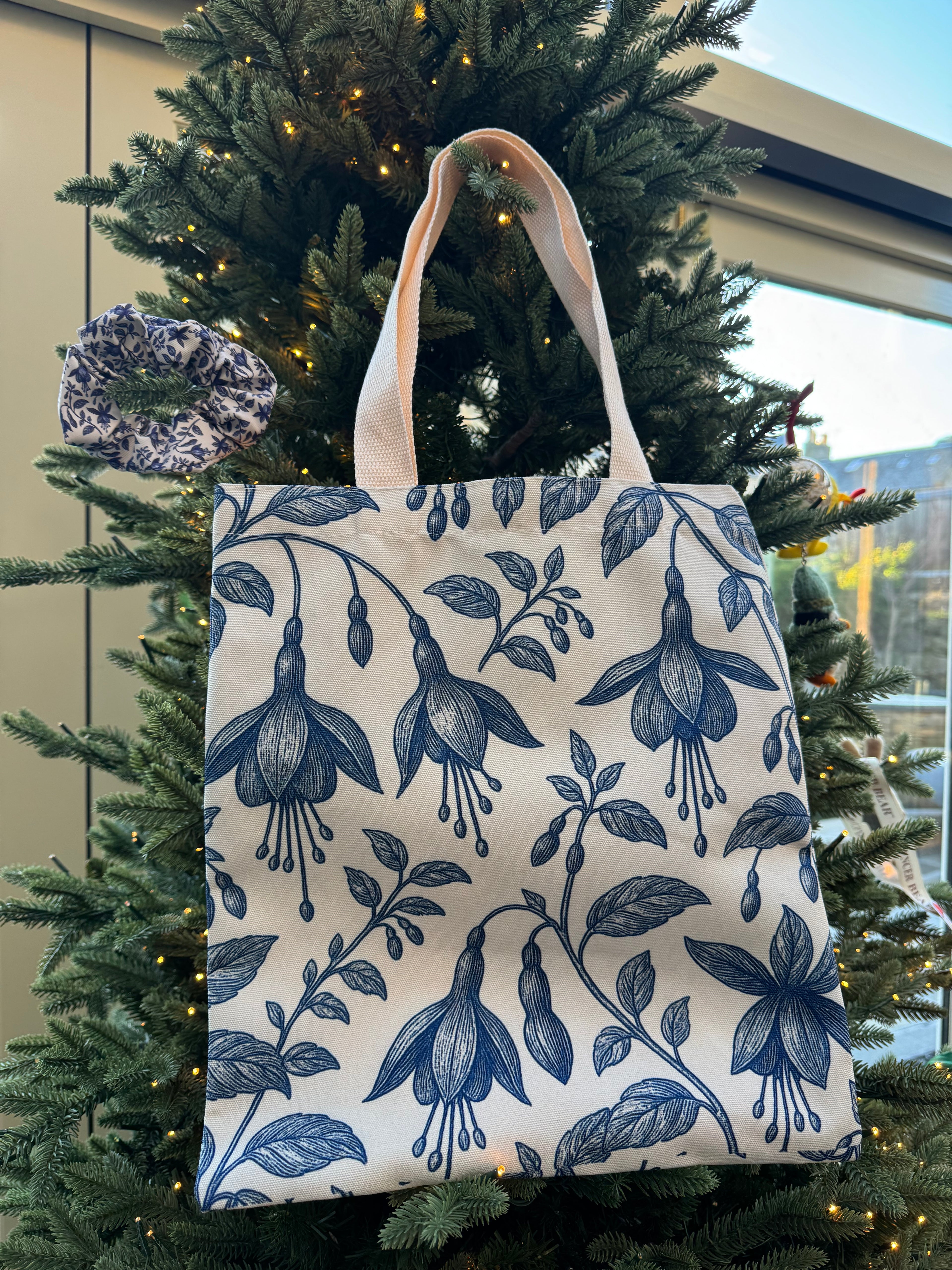 Blue & White Fuchsia Flower Canvas Tote Bag – Elegant Botanical Design