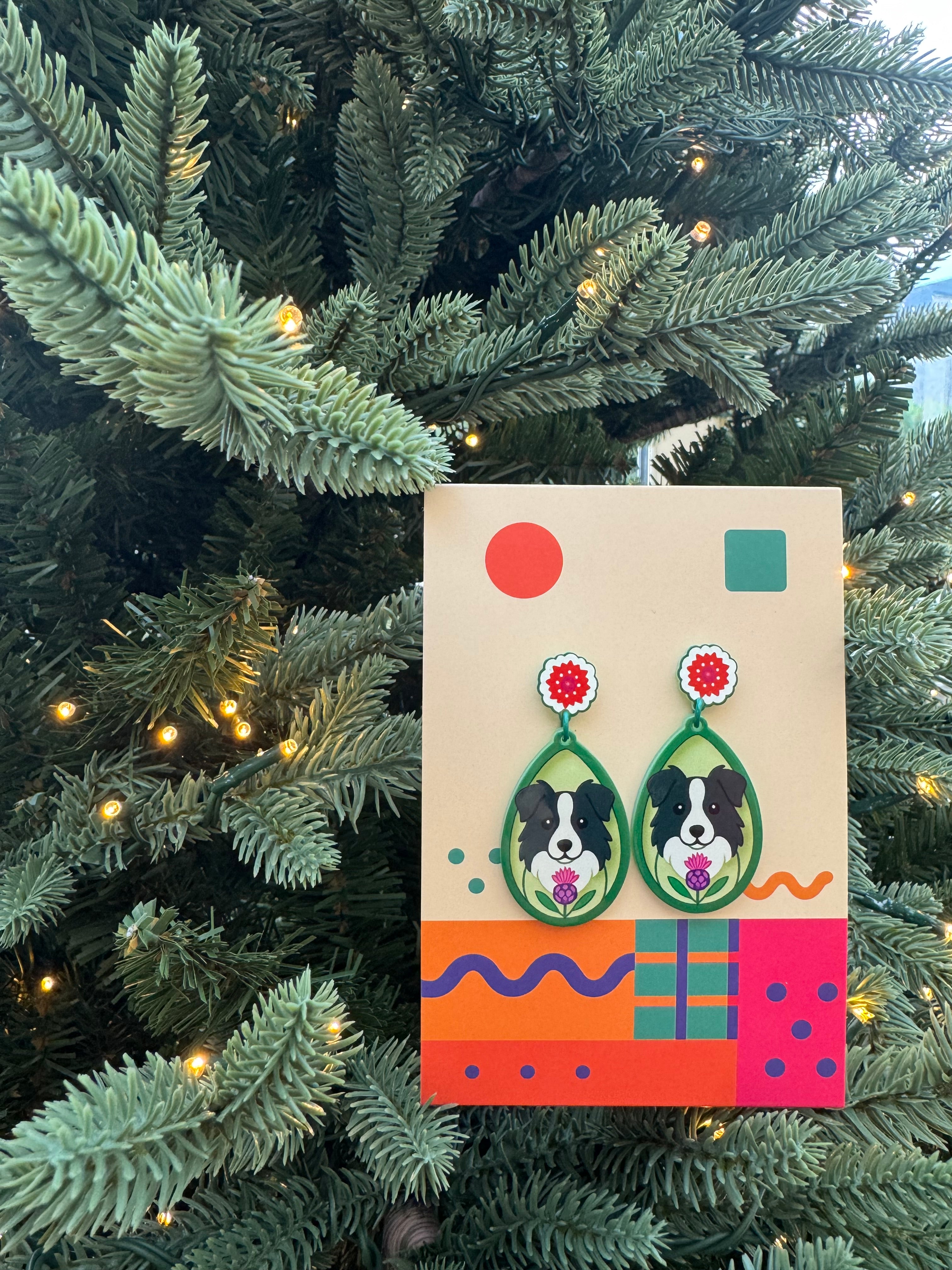 Border Collie Flower Drop Earrings