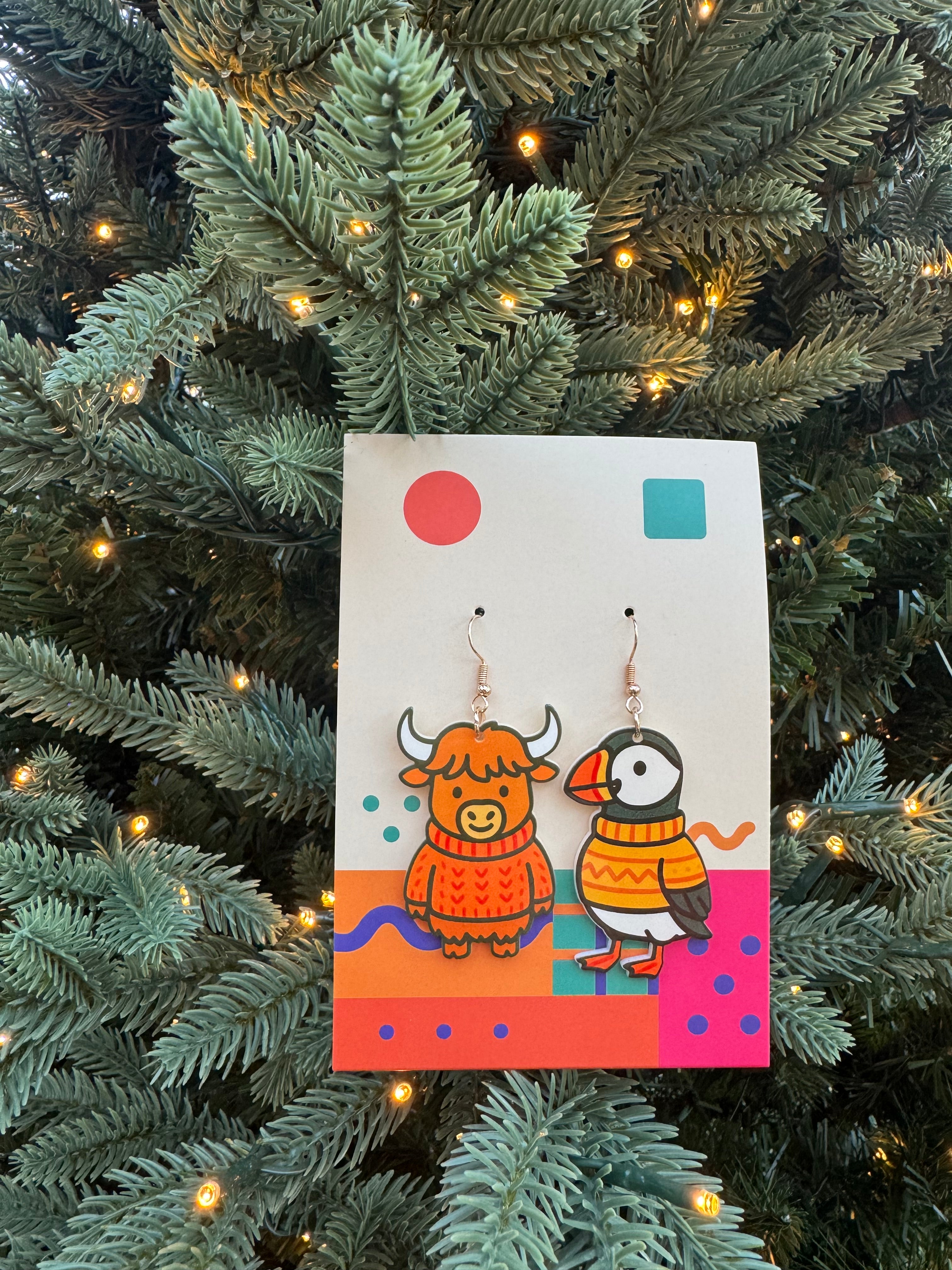 Highland Cow & Puffin Mismatched Earrings