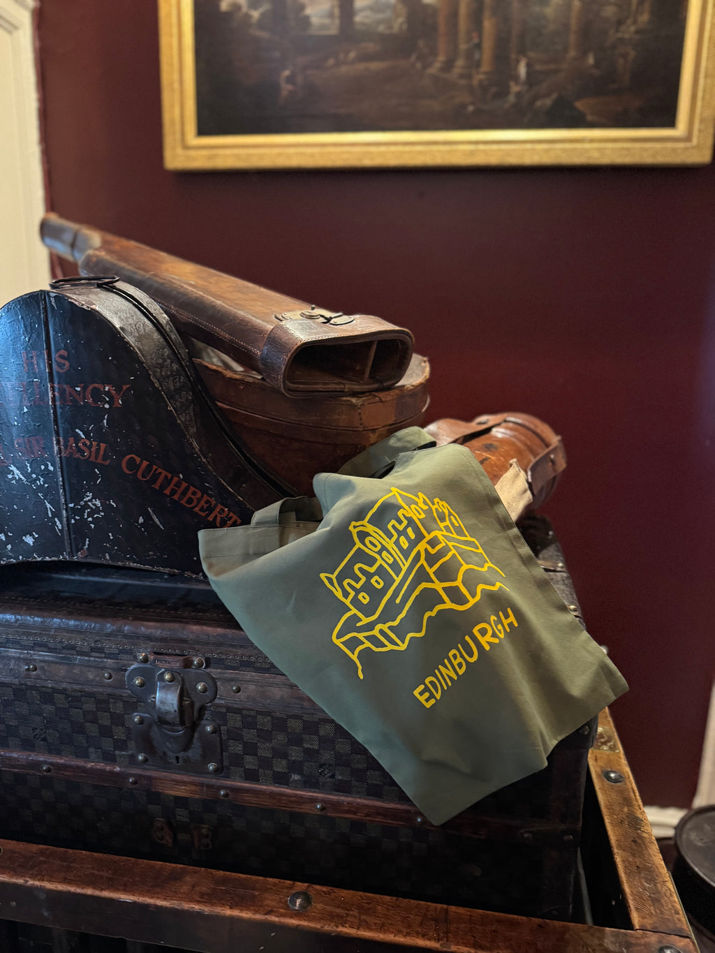 Edinburgh Castle Cotton Tote Bag-Olive Green and Yellow