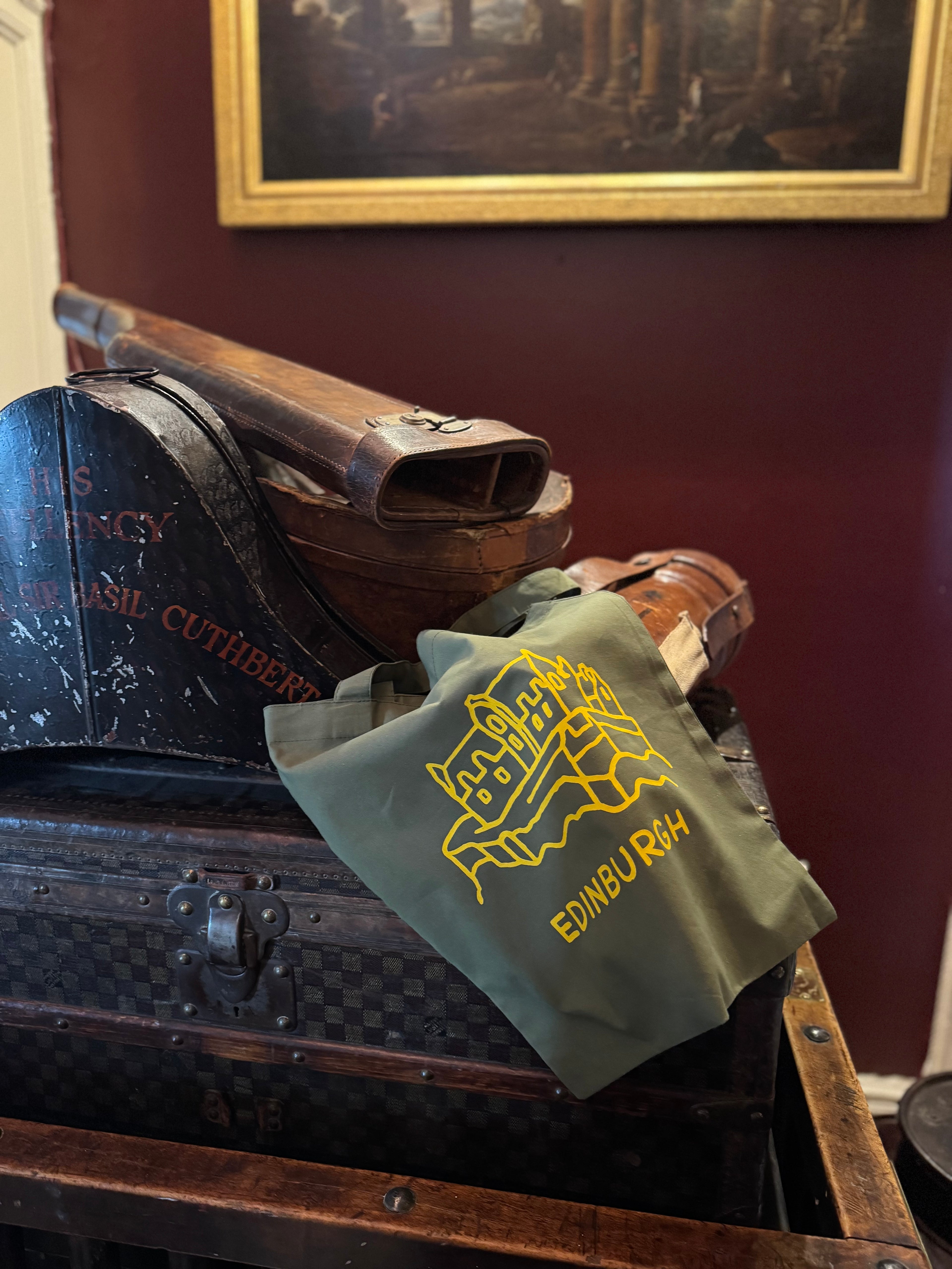 Edinburgh Castle Cotton Tote Bag-Olive Green and Yellow