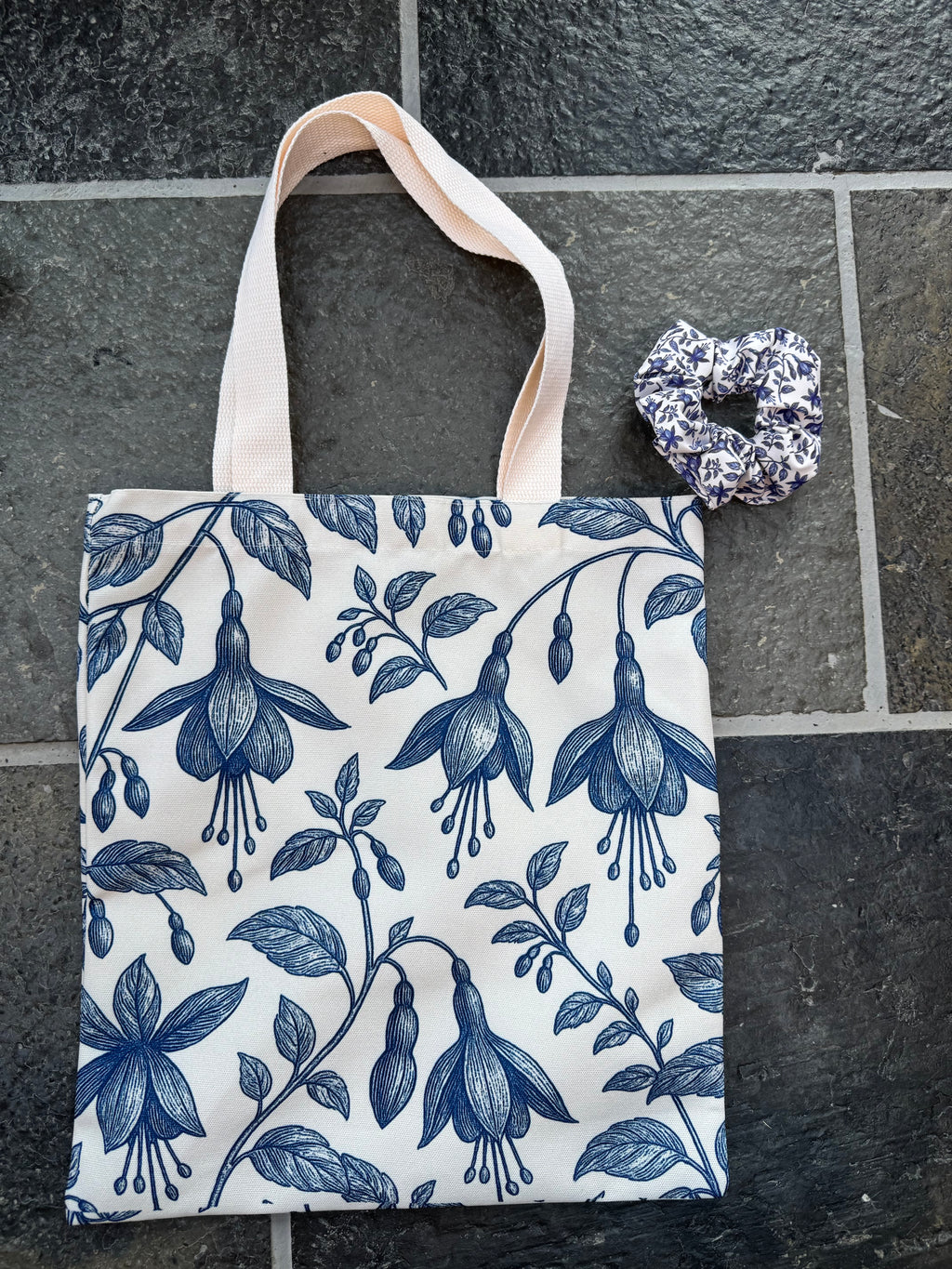 Blue & White Fuchsia Flower Canvas Tote Bag – Elegant Botanical Design