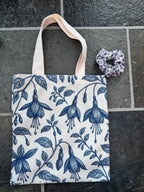 Blue & White Fuchsia Flower Canvas Tote Bag – Elegant Botanical Design