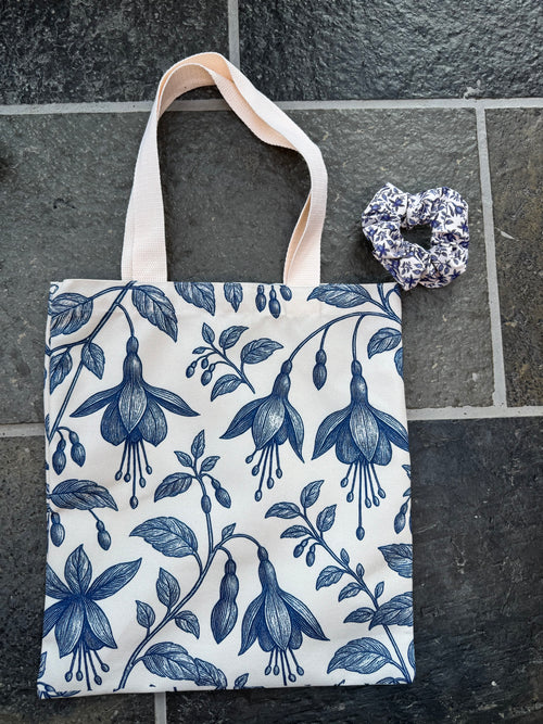 Blue & White Fuchsia Flower Canvas Tote Bag – Elegant Botanical Design