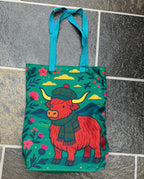 Highland cow tote bag-bluish green
